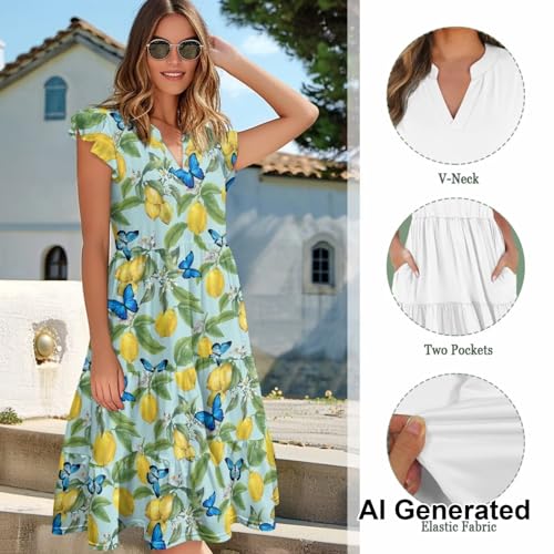 Image of Womens Summer Dress Ruffle Sleeve V Neck Dress Casual Fit Flowy Beach Vacation Sundress with Pocket S-2XL