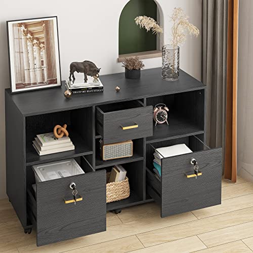 Oqefuoe Wood File Cabinet With Lock, 3 Drawer Office Storage Cabinet Printer Stand Mobile Lateral Filing Cabinet With 4 Open Shelves For Home Office, Black #TOP6