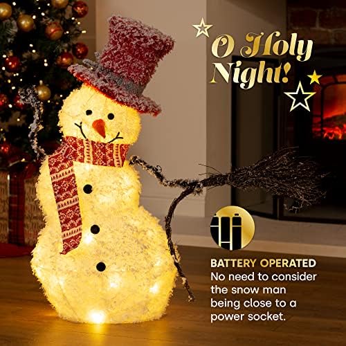 Christmas Village Light up Glitter Snowman Decoration - Decorated Tall Scarf, Hat & Broom Stick  35 LEDs Warm Light, Xmas Snow Covered Effect  Home Garden Office (Red)