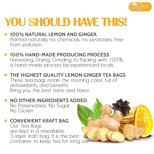 Image of TOG999, Premium Lemon Ginger Tea Bags | 60 Tea Bags | Refreshing Herbal Blend with Bright Citrus & Warming Ginger | Naturally Caffeine-Free | 100% Plant-Based, Sustainably Sourced Herbal Tea