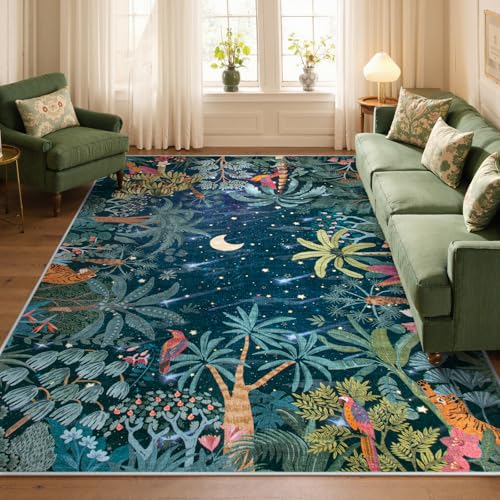 Lahome Midnight Jungle Green Rug, Washable 8x10 Rugs for Bedroom