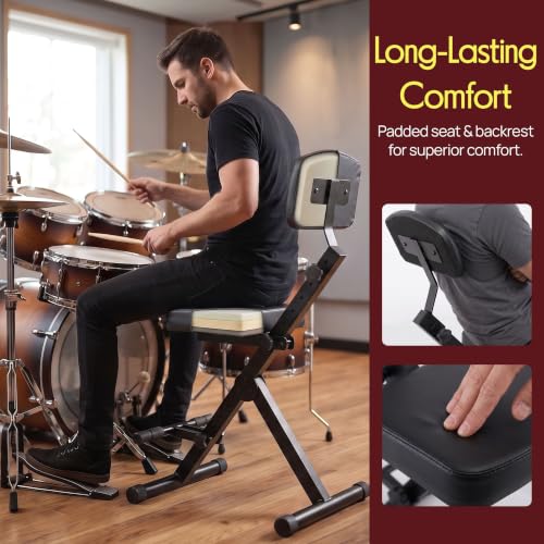 Image of Pyle Drum Throne - Guitar Stool, Foldable & Portable Chair w /Backrest & Footrest, Adjustable Music Stool for Adults, Padded Cushioned Seat & Back