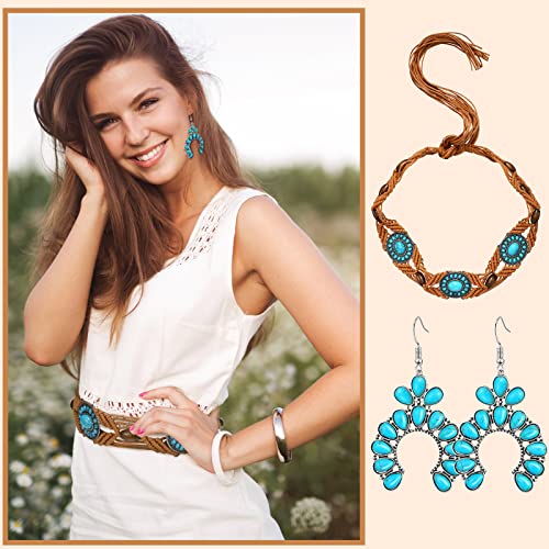 2 Pcs Turquoise Braid Waist Belt Set with Beaded Dangle Earrings Bohemian Rope Belt with Tassel Western Jewelry for Women4