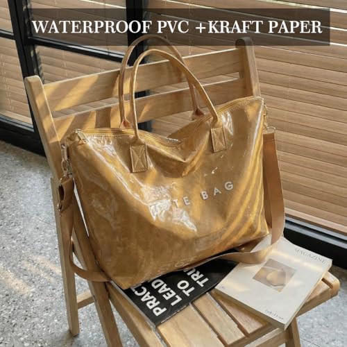 Image of PVC Tote Bag Gifts for Women Large Tote Purse Kraft Paper Letter Print Hobo Handbags for Work Beach Shopping Travel