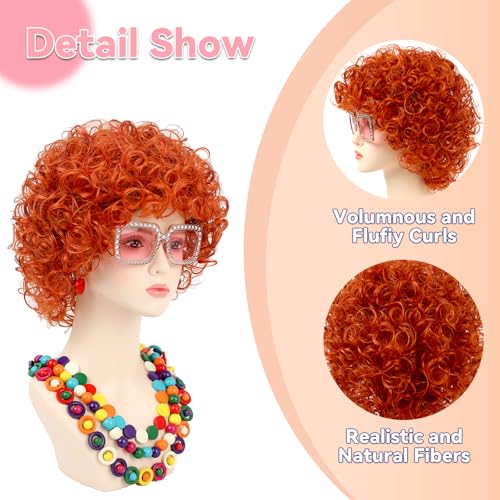 Image of Women Roper Curly Orange Red Cosplay Wig with Necklace Earrings and Sunglasses for Women Hallween Costume Wig