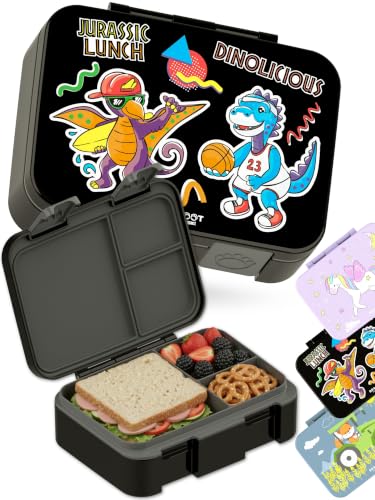 Image of BEARFOOT Kids Lunch Box with Compartments - Compact & Lightweight | Leak-Proof, BPA-Free, Dishwasher Safe | Hand-Drawn Design for Preschool, School, Travel (Dinos Black, 2.75 Cups)