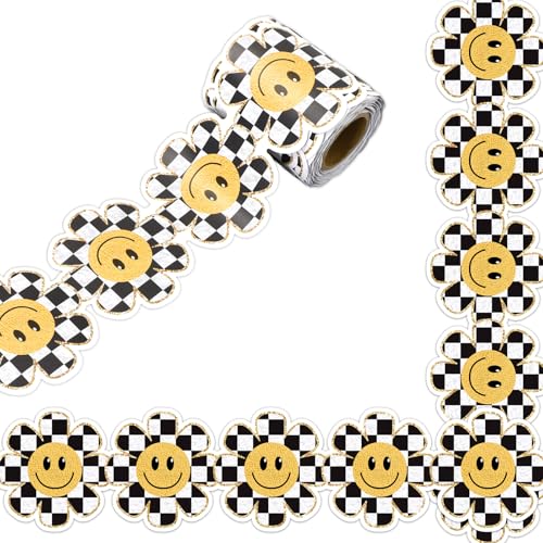 Image of Whaline 32.8ft Happy Face Daisy Bulletin Board Border White Black Checkered Smile Face Flower Die-Cut Rolled Border Trim with Gold Edge for Back to School Chalkboard Wall Decoration