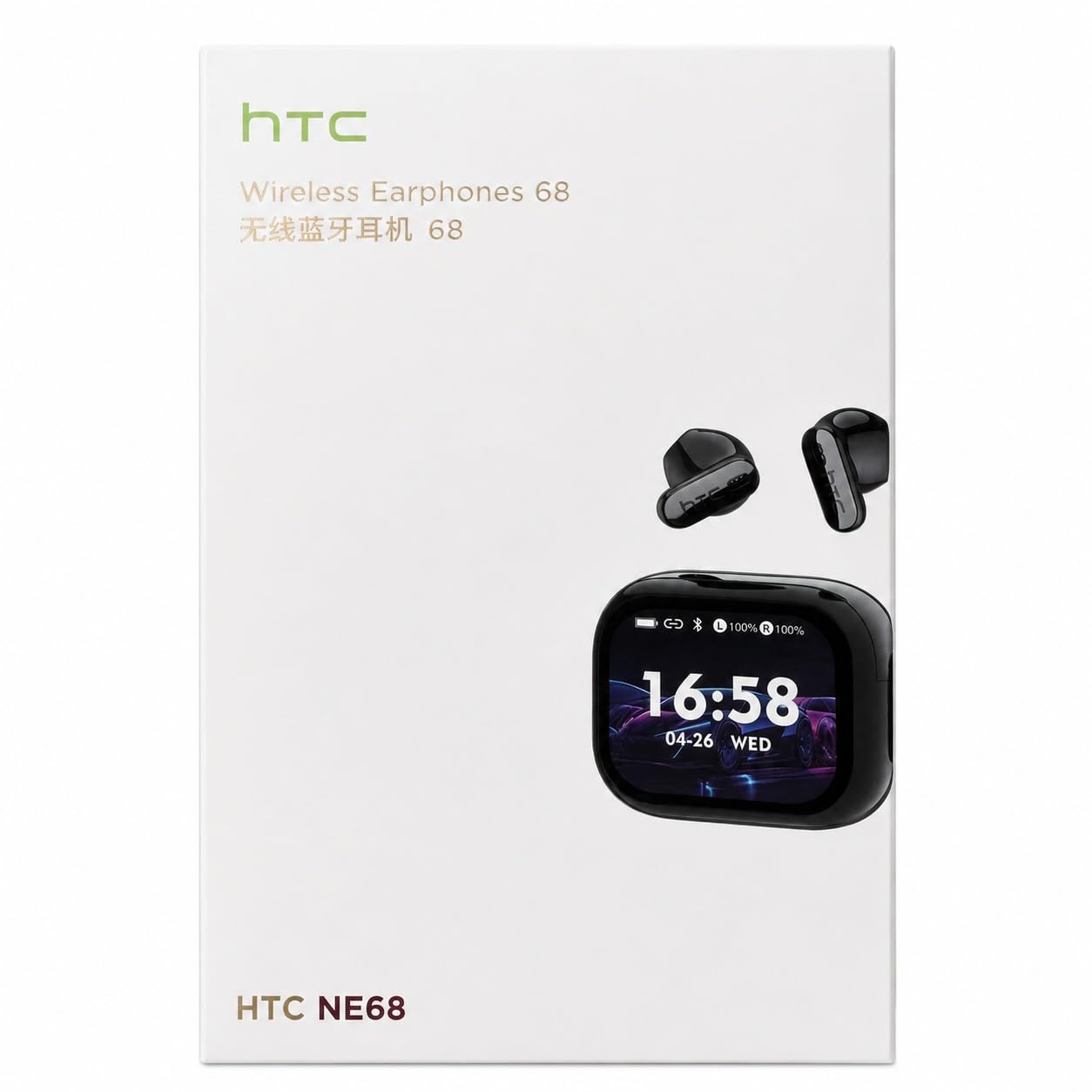 HTC Auricolari wireless NE68 con custodia touchscreen, Bluetooth 6.0, nero | Custodia di ricarica touchscreen a colori con supporto per la traduzione