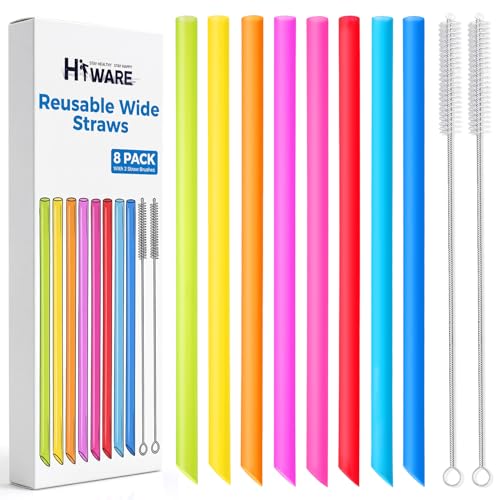 [Angled Tips] 8 Pcs Reusable Boba Straws & Smoothie Straws, Multi Colors Jumbo Wide Reusable Straw, Bpa Free Food-Grade Tritan Plastic Straw For Bubble Tea(Tapioca Boba Pearls) Milkshakes W/ 2 Brushes
