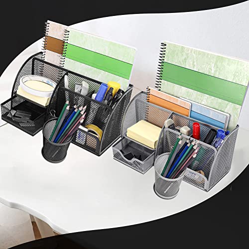 Flexzion Desk Caddy Organizer Black Metal Mesh Office Desk Supplies Organizer Caddy Desk Accessories Set For Women Men Students, 6 Compartments With Drawer And Pen Holder Desk Organizer For Work #TOP6
