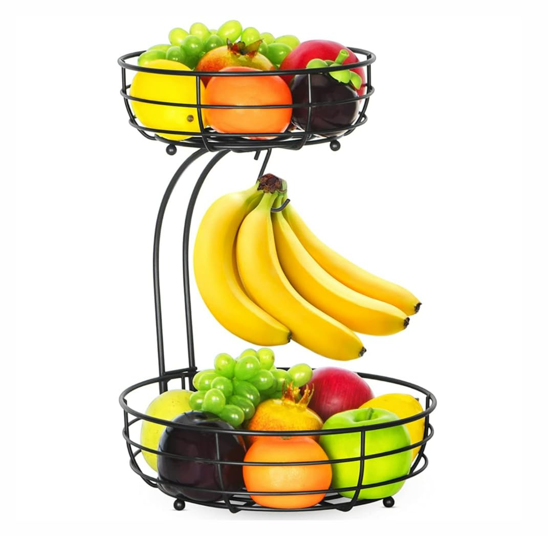 Two layers fruit basket, Countertop Fruit Vegetables Basket Bowl Storage With Banana Hanger