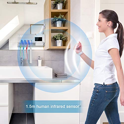 TANGXIA UV Toothbrush Sterilizer Holder, Solar Powered Rechargeable Toothbrush Sanitizer, Wall Mounted Toothbrush Organizer with Timing Function for Washroom Bathroom -10 Seconds Disinfection