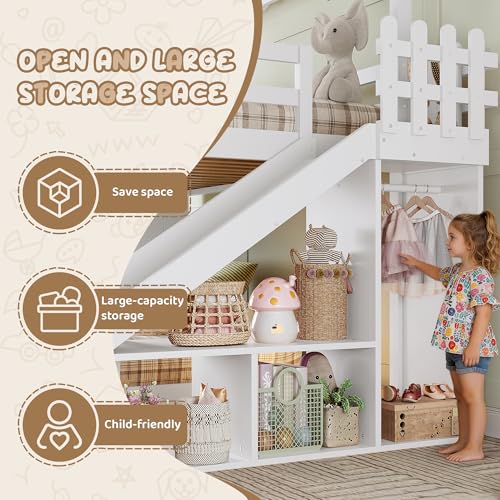 Image of Bellemave Twin Over Full House Bunk Bed with Slide and Storage Shelves for Kids,Solid Wood Floor Bunk Bed Frame with Wardrobe and Inclined Ladder for Girls Boys,White