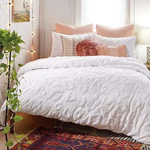 Peri Home 100% Cotton 3-Piece Comforter and Sham Set, King, White Chenille Leopard, King