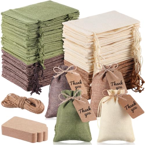 Woanger 100 Pcs Drawstring Burlap Gift Bags 4x6'' with Tags, Brown Green