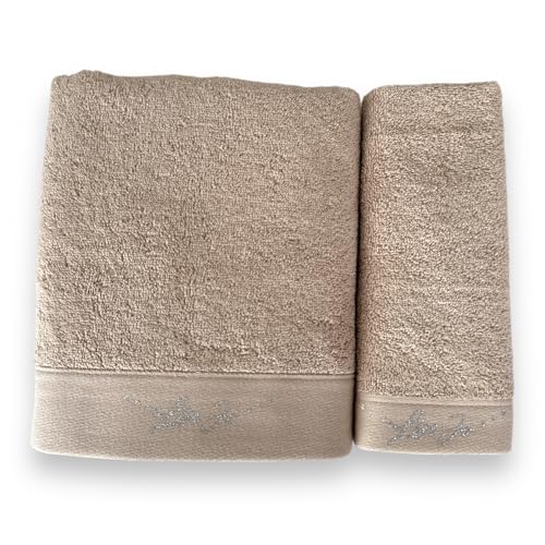 Liu Jo Milano Set Asciugamani Art. Happy in Spugna 100% Cotone – Asciugamano Viso 55x100 e Ospite 38x58 – Logo Lurex – In Scatola (Sabbia)