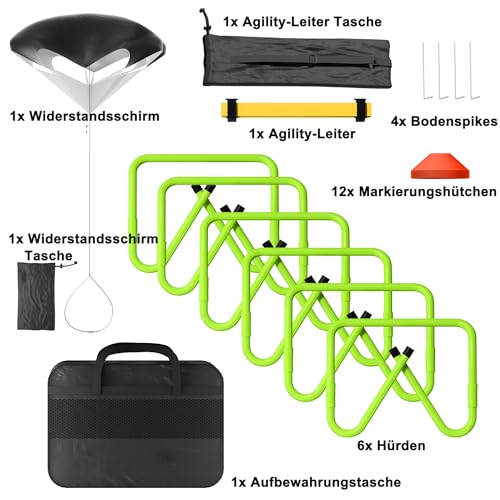 Suusolny Fußball Trainingsset Fussball Trainingszubehör Kinder Fußball Kick Trainer Enthält 6m Koordinationsleiter, 6 verstellbare Hürden, 12 Kegel, Schleppfallschirm & Aufbewahrungstasche