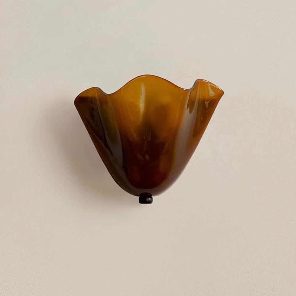 Vintage Shell Wall Sconce – Mid-Century Coastal Amber Glass Shade – Antique-Style Shell-Shaped Wall Lamp for Living Room, Bedroom & Hallway