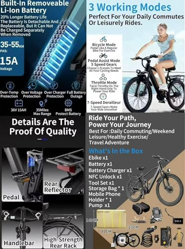 Rexhan 26” Electric Bike, 26 Inch E Hybrid Bike, 36V 15AH Lithium Battery, Powerful Motor, Throttle, Dual Suspension, Dual Disc Brakes, 35-55 KM Range, Headlight, New - Image 6