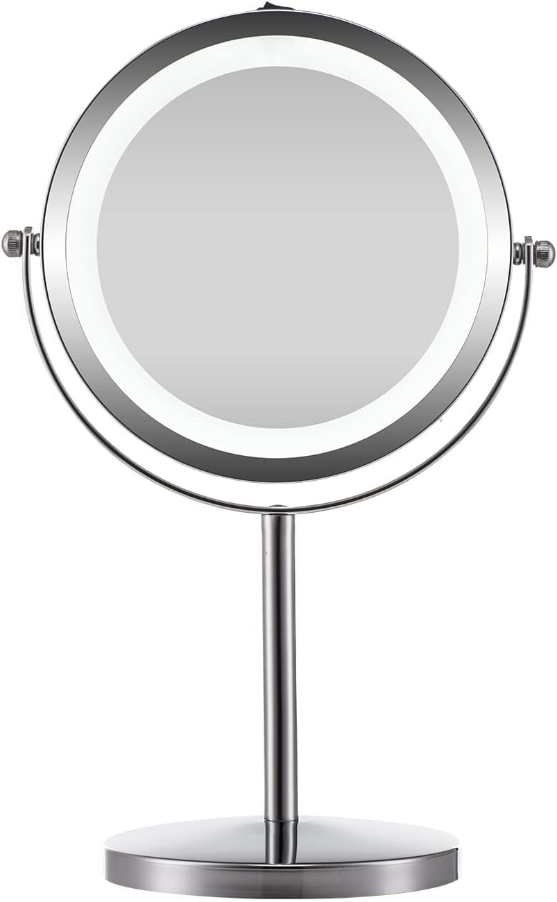7" Lighted Makeup Mirror, YYAMEA 10X Magnifying Vanity Mirror Double Sided, Round Standing 360° Rotation Cosmetic Mirror for Bedroom Bathroom Office…