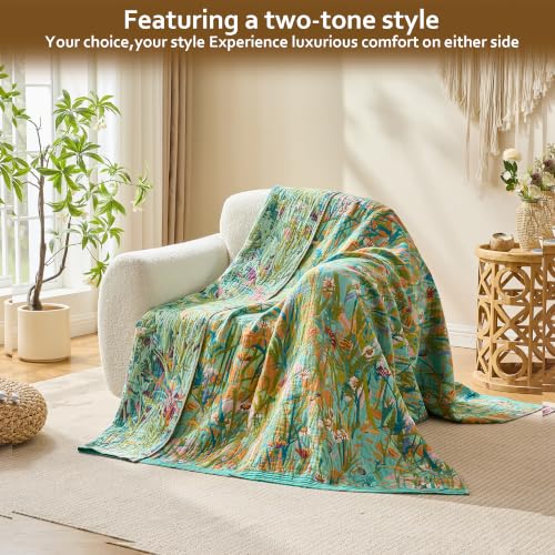 Image of VANJOROY King Boho Throw Blanket, 100% Organic Cotton Breathable Skin-Friendly Ultra Soft 91 inch x 98 inch Bed Quilt Green Leaf Throw - Floral Rustic Luxury Reversible Blanket for Sofa Couch Chair and Gift