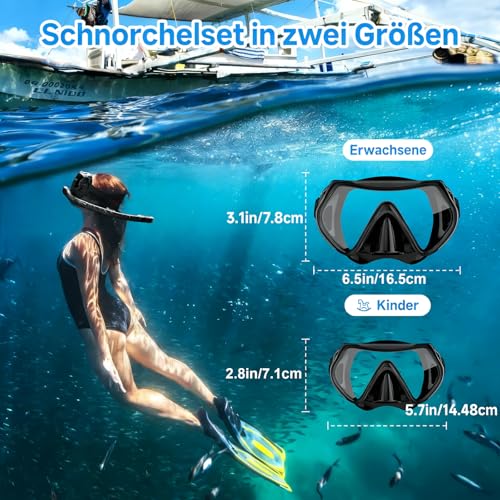 Schnorchelset Erwachsene Trocken mit Maske & Schnorchel Antibeschlag 180°-Panoramablick Schnorchelset Damen Herren zum Schnorcheln Schwimmen Strandurlaub (Black+Blue)