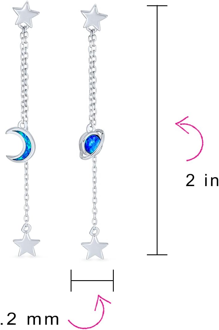 Elegant Celestial Crescent Moon Stars Long Chain Dangle Earrings Blue Iridescent Created Opal Inlay Gemstone Jewelry for Women & Teens 925 Sterling Silver