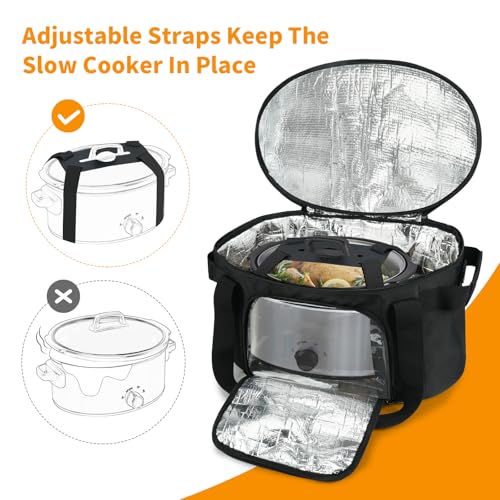 ZIOZERTT Slow Cooker Carrying Bag Compatible with 6-8 Quart CrockPot and Hamlton Beach with Lid Fastener and See-through Window,Bag Only
