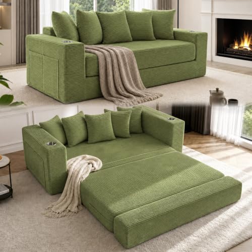 76' Convertible Sofa Bed, Corduroy Boneless Couch with Cup Holders & Pocket