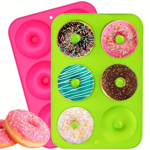 trabag 2 Molde Donuts, 6 Huecos Antiadherentes Moldes Silicona Reposteria, Molde Donuts Silicona Para Tartas, Galletas, Panecillos, Magdalenas, Moldes Reposteria(Verde Y Rosa)