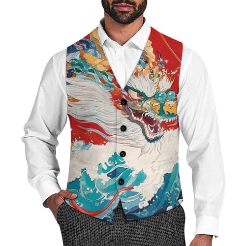 Dragon And Wave Suit Vest for Men Slim Fit Tuxedo Waistcoat Button Down V Neck Business Dress Coat