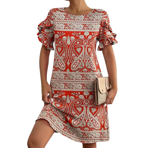 Vestidos Playeros Mujer, Ropa Mujer Verano 2025 Elegantes Tallas Grandes Manga Corta Vestidos Cuello Redondo Sueltos Baratos Vestido Summer Dresses for Women Ofertas Flash del Dia Bermellón