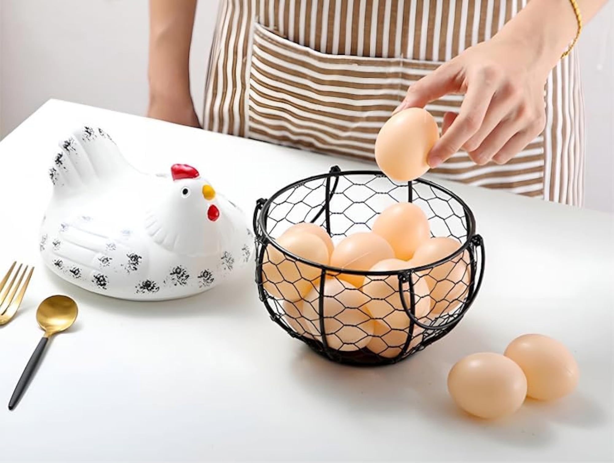 Rustic Ceramic Hen Egg Basket with Distressed White Finish
