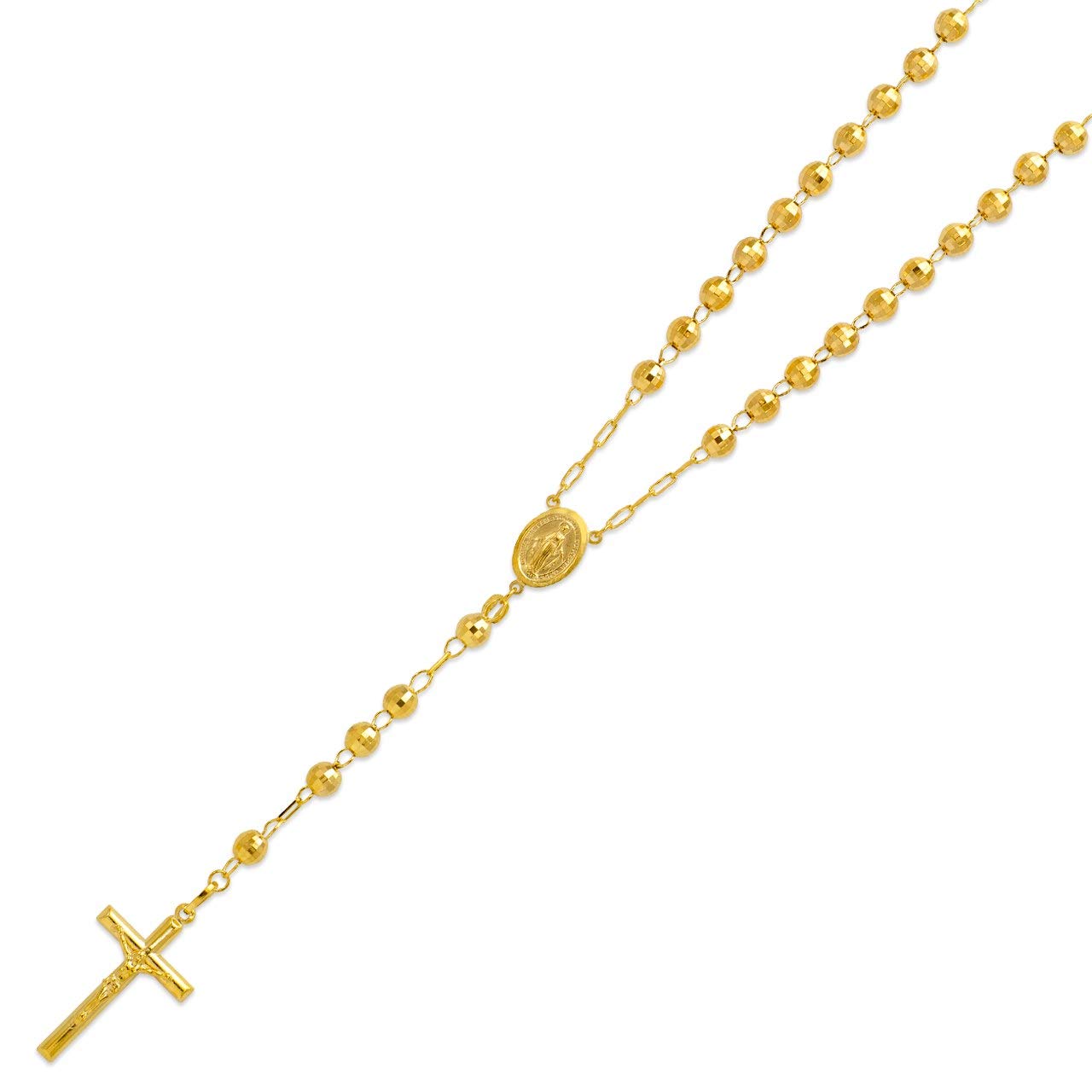 Solid 14K Yellow Gold Chain Cross Necklace DC Bead Rosary Necklace (16, 18, 20, 24, 26")