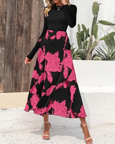 Image of BTFBM Womens Floral Maxi Dress Fall 2025 Casual Crewneck Long Sleeve Ruffle Flowy Cocktail Wedding Guest Dresses