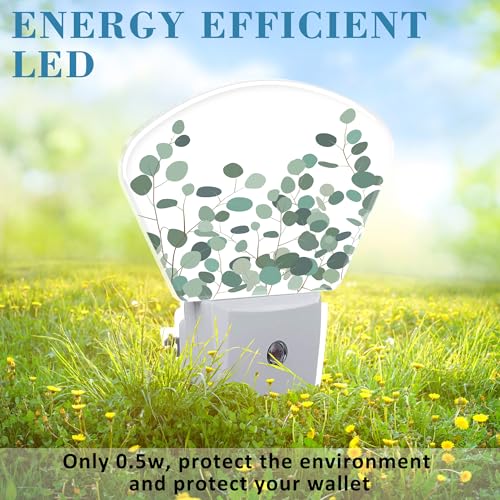 Image of Green Eucalyptus Night Light for Kids Girls Boys, Watercolor Eucalyptus LED Night Light Plug into Wall with Dusk to Dawn Sensor for Room, Hallway, Kitchen, Bathroom, Stairs Decor