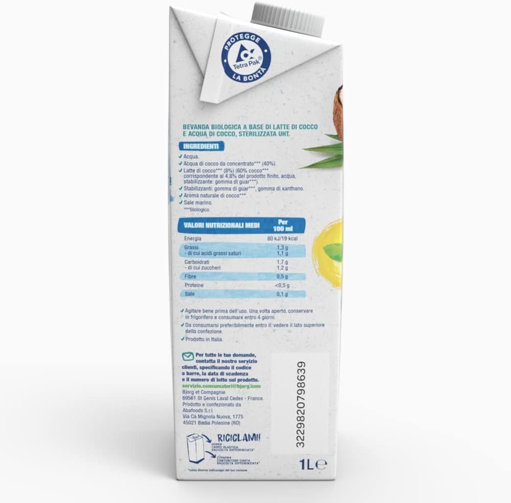 BJORG Bevanda Nettare di Cocco Biologica, Acqua di Cocco e Latte di Cocco, Bevanda Vegetale Senza Zuccheri Aggiunti, Senza Glutine, Vegan, Prodotto in Italia, 1L (Confezione da 9)