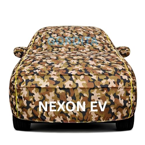 Image of Waterproof Car Body Cover for Nexon Ev All Weather Protection Comes with Inner Cotton Lining & Triple Stitched with Mirror & Antenna Pocket Belt & Elastic Fit Army with Yellow Piping2