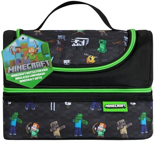 Minecraft Insulated Lunch Bag with Water Bottle for Kids Lunch Box Creeper Packed Lunch Bag for School Multiple Compartments Travel Snacks Gifts
