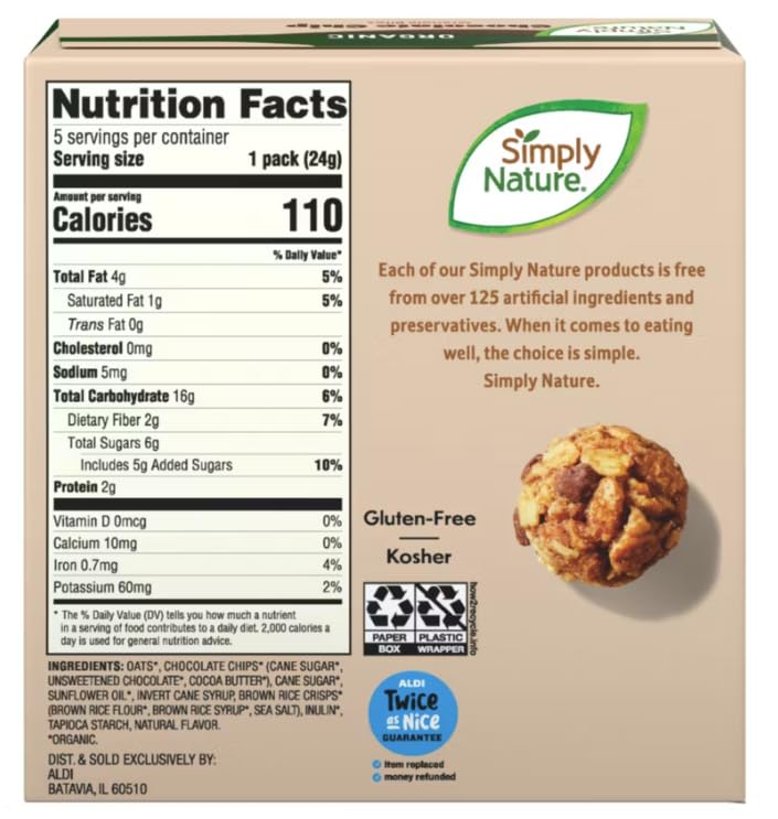 Simply Nature Gluten-Free Kosher NON-GMO Organic Chocolate Chip Granola Bites 4.23oz /120g X 2 (Two Boxes)
