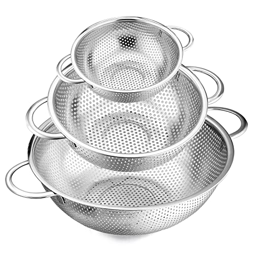 Comparison: Best Metal Kitchen Strainer 6 E-far Stainless Steel Colander Set of 3 (1-3-5Quart), Micro-Perforated Metal Colander Strainer with Handle for Kitchen/Draining Pasta/Rinsing Vegetables Fruits, Heavy Duty & Dishwasher Safe
