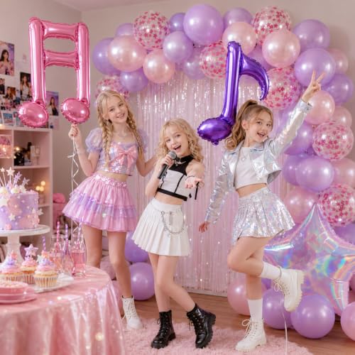 Image of Pink Purple Music Note Iridescent Star Balloons for Birthday Party Decor | Kpop Pearl Pastel Purple Pink Confetti Balloon for Girls Birthday Kpop Music Themed Korean Pop Karaoke Disco Party Decoration