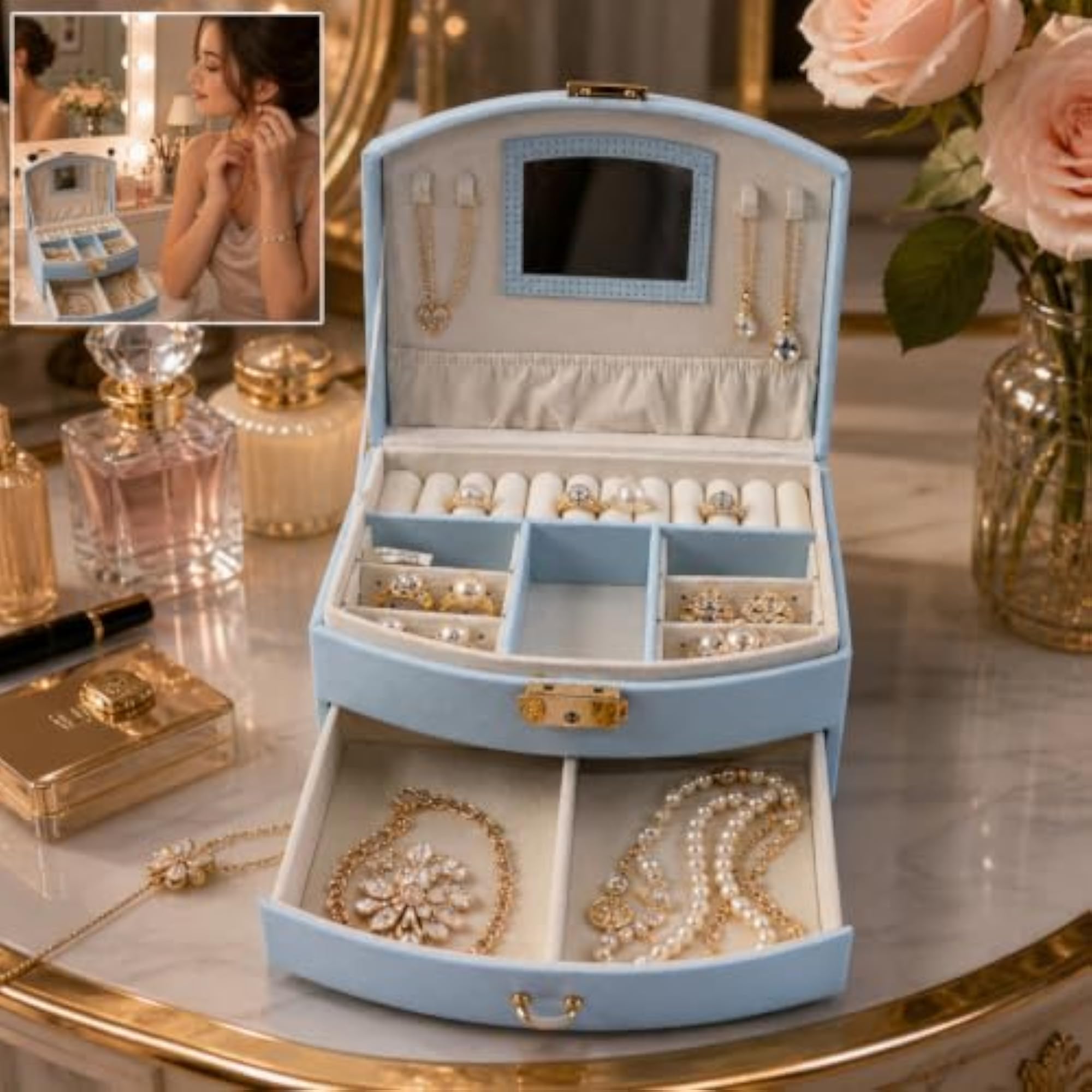 3 Layer Stylish Jewelry Storage Box with Mirror, Portable Case