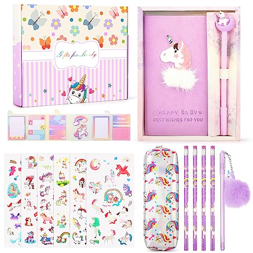 Maomaoyu Unicornios Regalo Niña 4 5 6 7 8 9 10 Años, Set de Papelería Unicornio para Niña, Unicornio Juguete con Cuaderno, Estuche Escolar, Pegatina, Notas Adhesivas, Morado