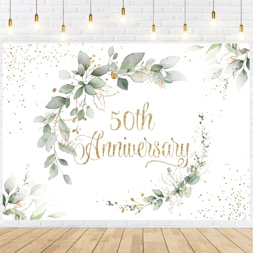 InMemory Happy 50th Anniversary Backdrop Cheers to 50 Years Marriage Wedding Day Banner Sage Green Eucalyptus Gold Memorial Anniversary Party Decorations Background for Couples Photography 6x4ft