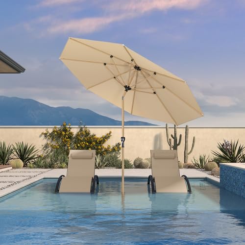 PURPLE LEAF Parasol Balcon 2,7 m en Aluminium Finition Teck, Parasol Rond Inclinable avec Manivelle et 8 Baleinea, Résistant à la Rouille et aux UV, Adapté aux Balcons, Terrasses, Patios, Beige