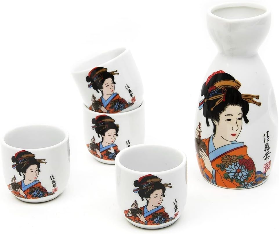 Lotocool Japanese Sake Set, 5 Pieces Sake Set Hand Painted Design Porcelain Pottery Traditional Ceramic Cups Crafts Wine Glasses (Orange)
