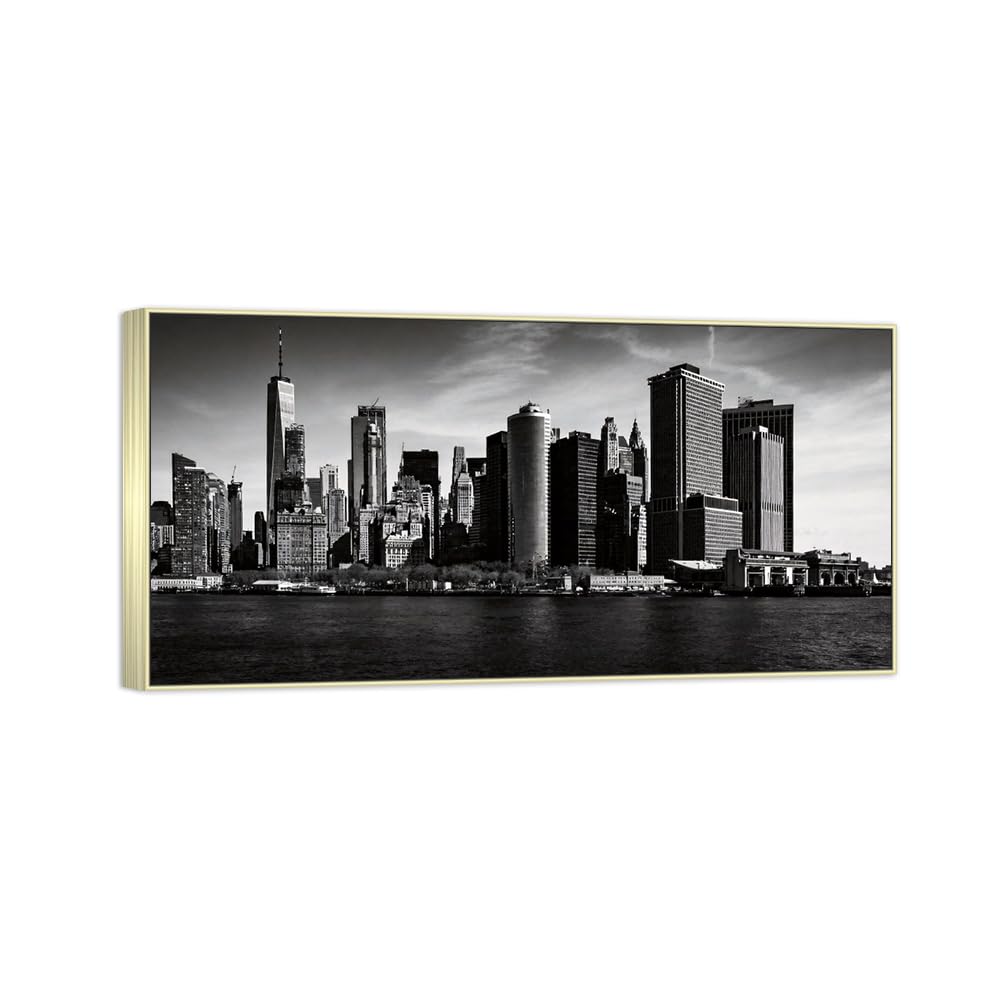 Buildings 2 Black White Landscape Canvas Picture 60x120cm Silver Frame