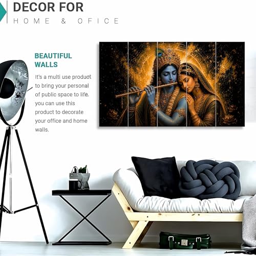 Image of Nozvera Radha Krishna 5 Panel Wall Painting | UV Printed Sparkle Laminated Canvas Art | 48x24 Inch Large Framed Poster for Living Room, Bedroom, Pooja Room | Waterproof Antifade Home Decor