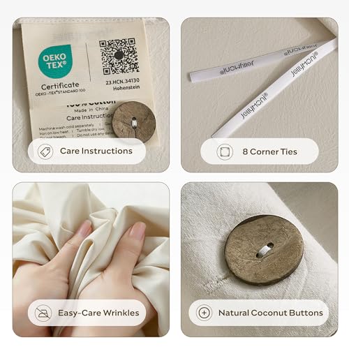 Image of JELLYMONI 100% Washed Cotton Duvet Cover Full - Soft, Breathable Linen-Look Bedding with Natural Wrinkle Texture, Button Closure, 3-Piece Set (Oat Milk, 80 inchx90 inch)